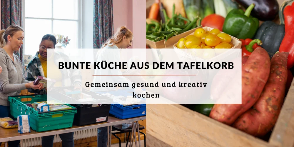 Zweigeteiltes Bild: links wählen Personen Lebensmittel aus, rechts eine Holzkiste mit Gemüse und Obst.