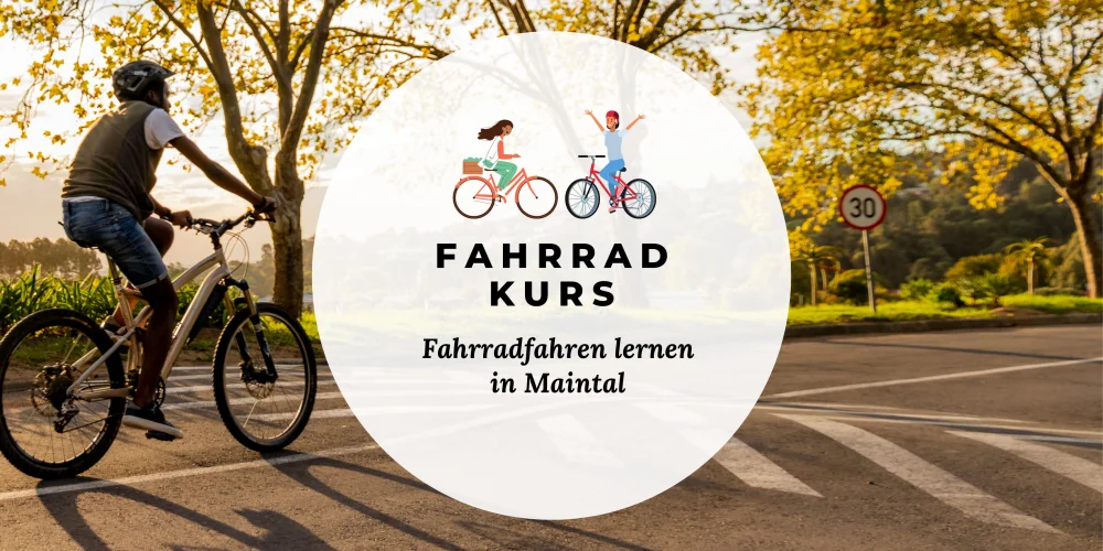 Bild mit Fahrradfahrer bei Sonnenuntergang in der Natur im Herbst, Titel des Kurses in der Mitte und zwei Figuren auf Fahrrad als Teil des Titels