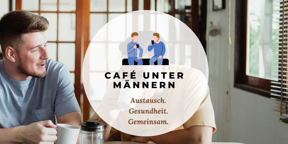 Banner Café unter Männern, zwei Männer mit Kaffeetassen, die sich zueinander wenden