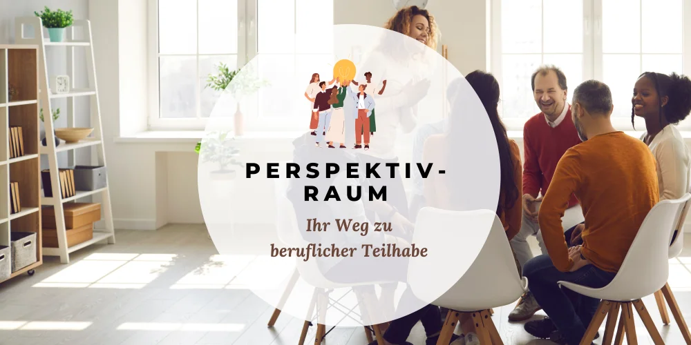 Banner Angebot, Menschen sitzen fröhlich im Stuhlkreis und unterhalten sich fröhlich, in der Mitte ist der Name des Angebots abgebildet und ein paar Personen, die gemeinsam eine Glühbirne in der Hand halten